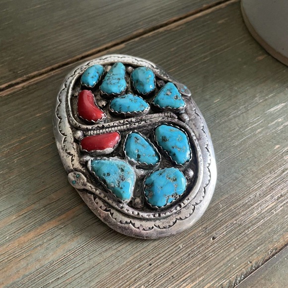 Rare Vintage Effie C Calavaza Turquoise and Coral Sterling Belt Buckle - Picture 3 of 14